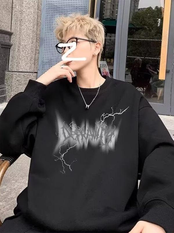 American Trendy Men's Crewneck Hoodie - Autumn/Winter 2025, Plus Velvet, Loose Fit, Long Sleeve, Base Layer