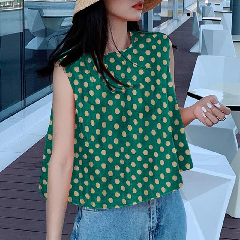 

VONDA Женские летние свободные майки с круглым вырезом и без рукавов в горошек 5XL зелёный