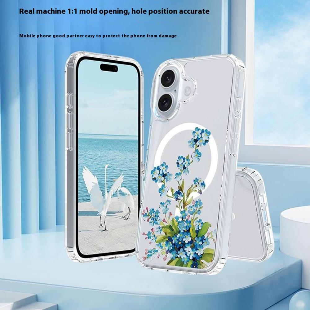 For iPhone 16 Plus Case Compatible with MagSafe Flower Pattern Printing TPU+PC Phone Cover