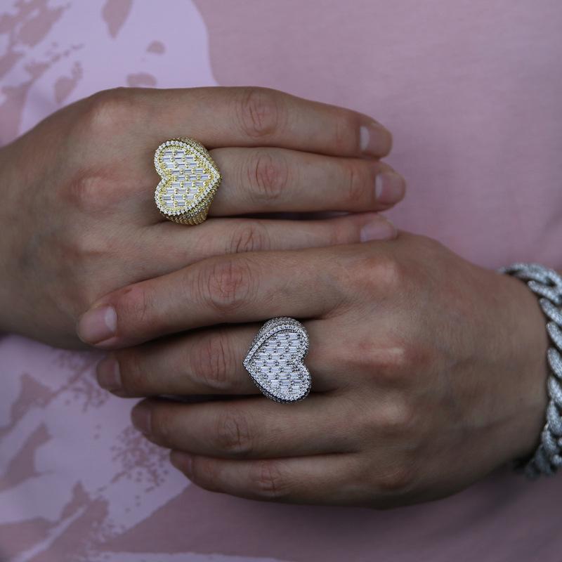 Unisex Exaggerated Full Diamond Heart Ring with Zircon - Trendy Hip Hop Style