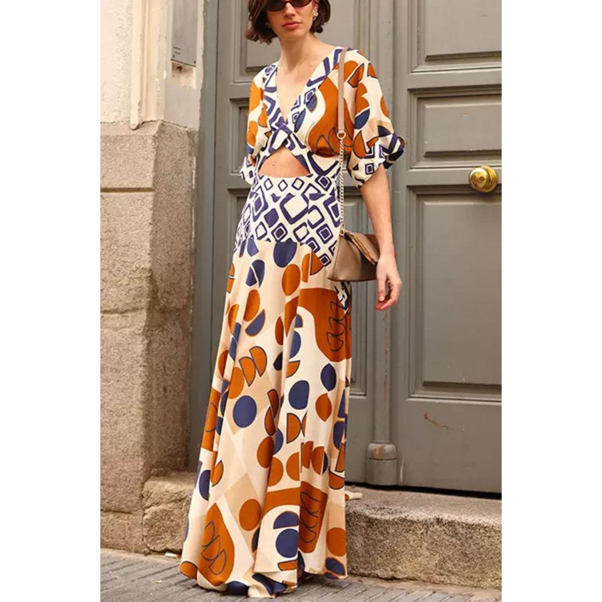Women s V-neck Waisted Printed Patchwork Fake Two-piece Fashion Dress For European American Cross-border S
