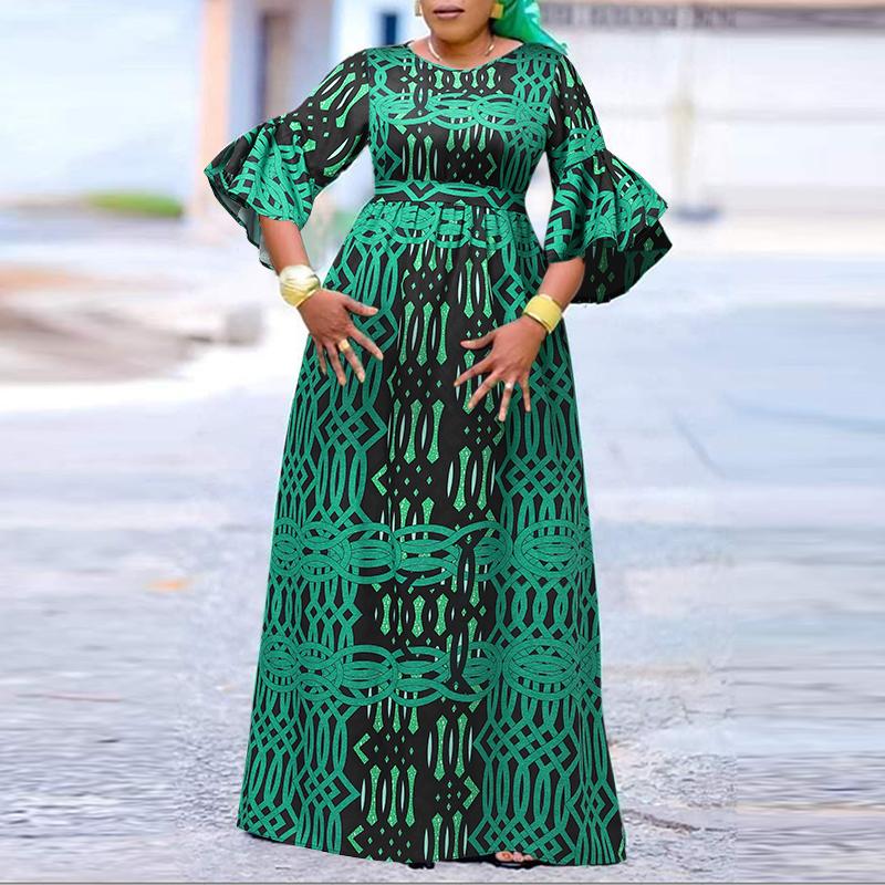 

Women Large Size Round Neck Flare Long Sleeve Printed A-Line Dress