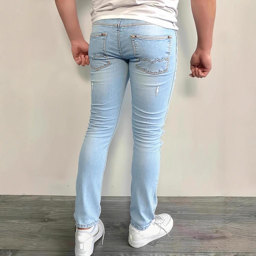 Summer New Men'S Slim-Fit Ripped Jeans Elastic Trousers Men'S Pants Light Blue