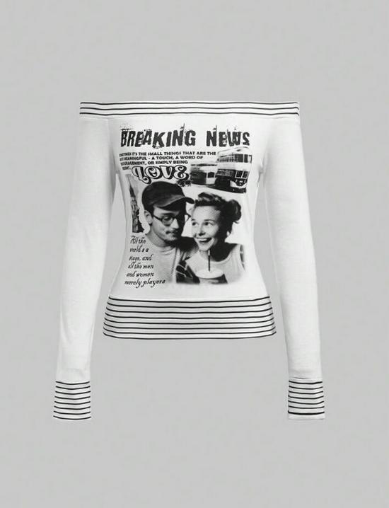 2026 Retro Skull Print Striped Long Sleeve Y2K Fashion Top for Women