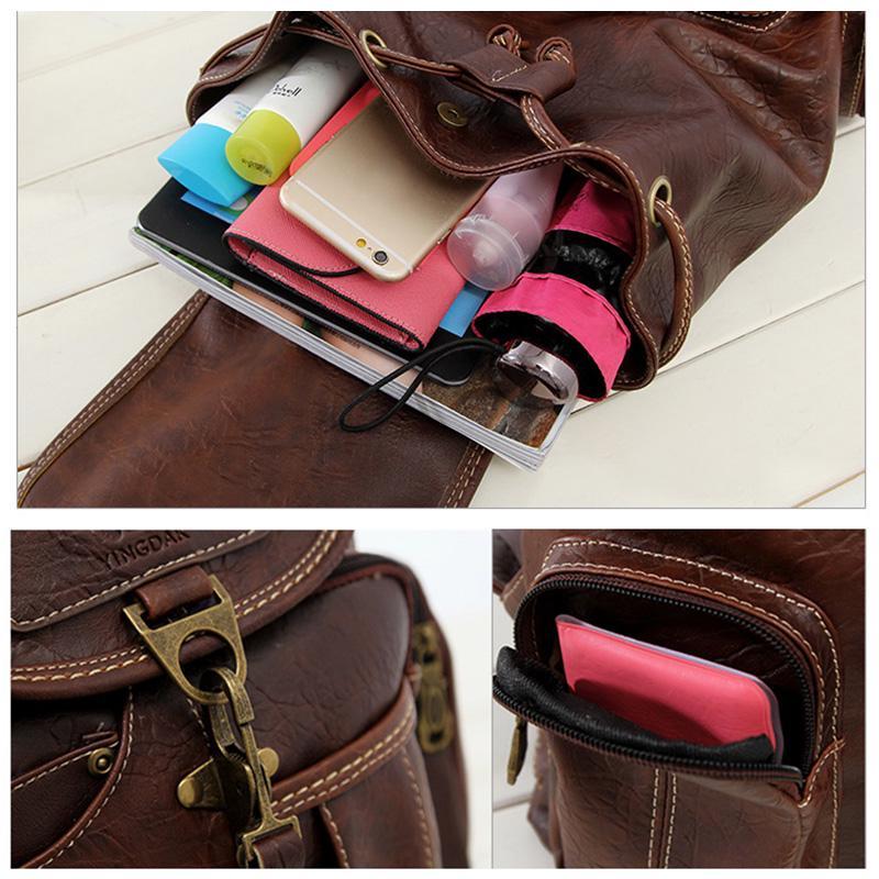 Vintage Retro Women Backpack for Teenage Girls School Bags Large Drawstring Backpacks High Quality PU Leather Brown Bag