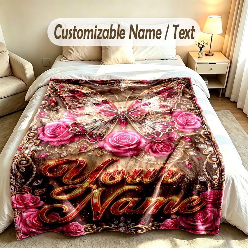 Butterfly Theme Soft Blanket Personalized Custom Name Text Print Warm Blanket Home Sofa Bedroom Decor