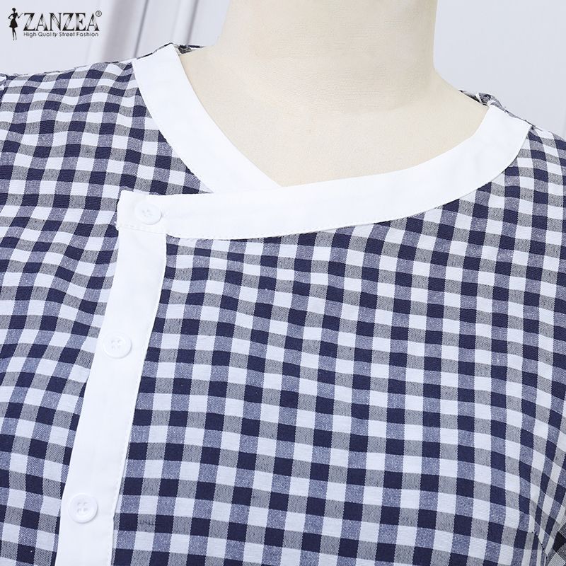 ZANZEA Women Plaid Print Casual Round Neck Short Sleeve Dress