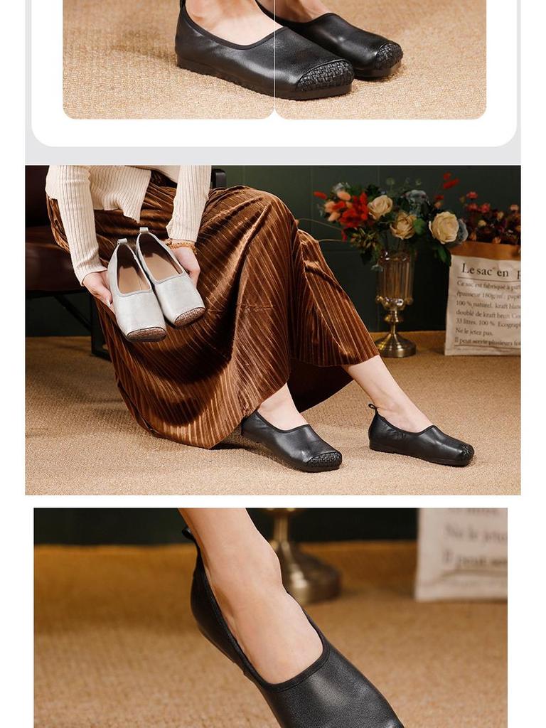 2025 Autumn Women's Retro Genuine Leather Square Toe Slip-On Ballet Flats