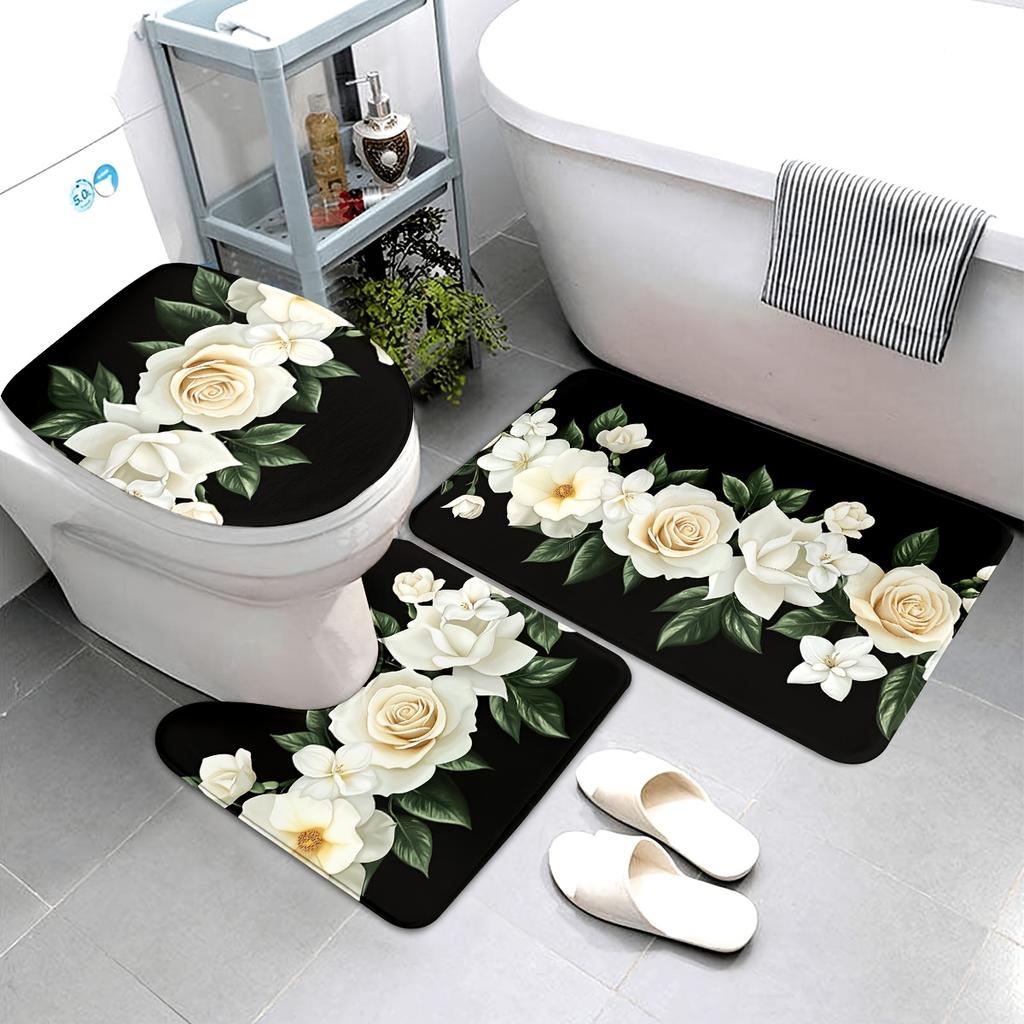 For 3-Piece Rose Valentine Bathroom Set - Machine Washable Polyester with Toilet Seat, U-Shaped Seat and Non-Slip Mat