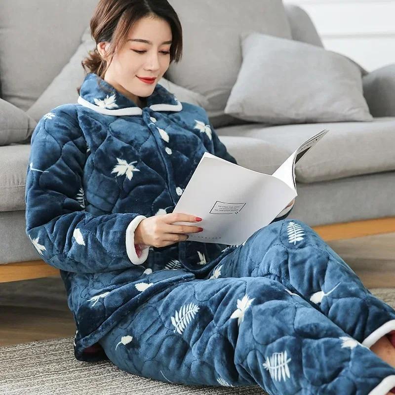 Sleepwear Women Winter Home Sleep Clothes Three Layer Thick Cotton Nightgown Flannel Coral Fleece Warm Coat Large Homewear Set