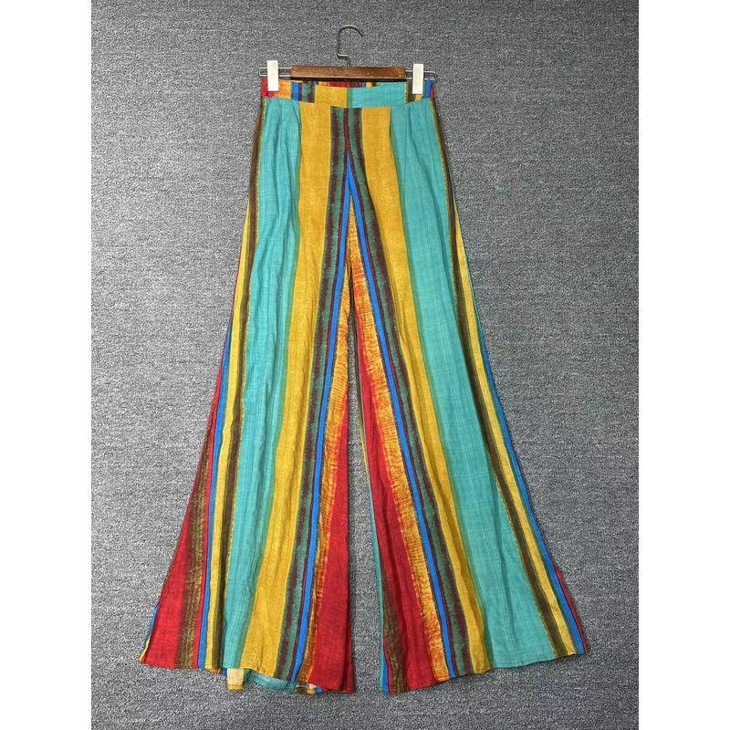 

Exotic Rainbow Stripes Holiday Style Lazy Tonality Trip Shoot Handy Gadget High Waist Pure Cotton Bell-Bottom Pants Figure color L