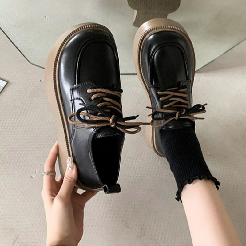 Women's College Style Lace-up Leather Shoes Thick-soled Casual Non-slip Wear-resistant Loafers