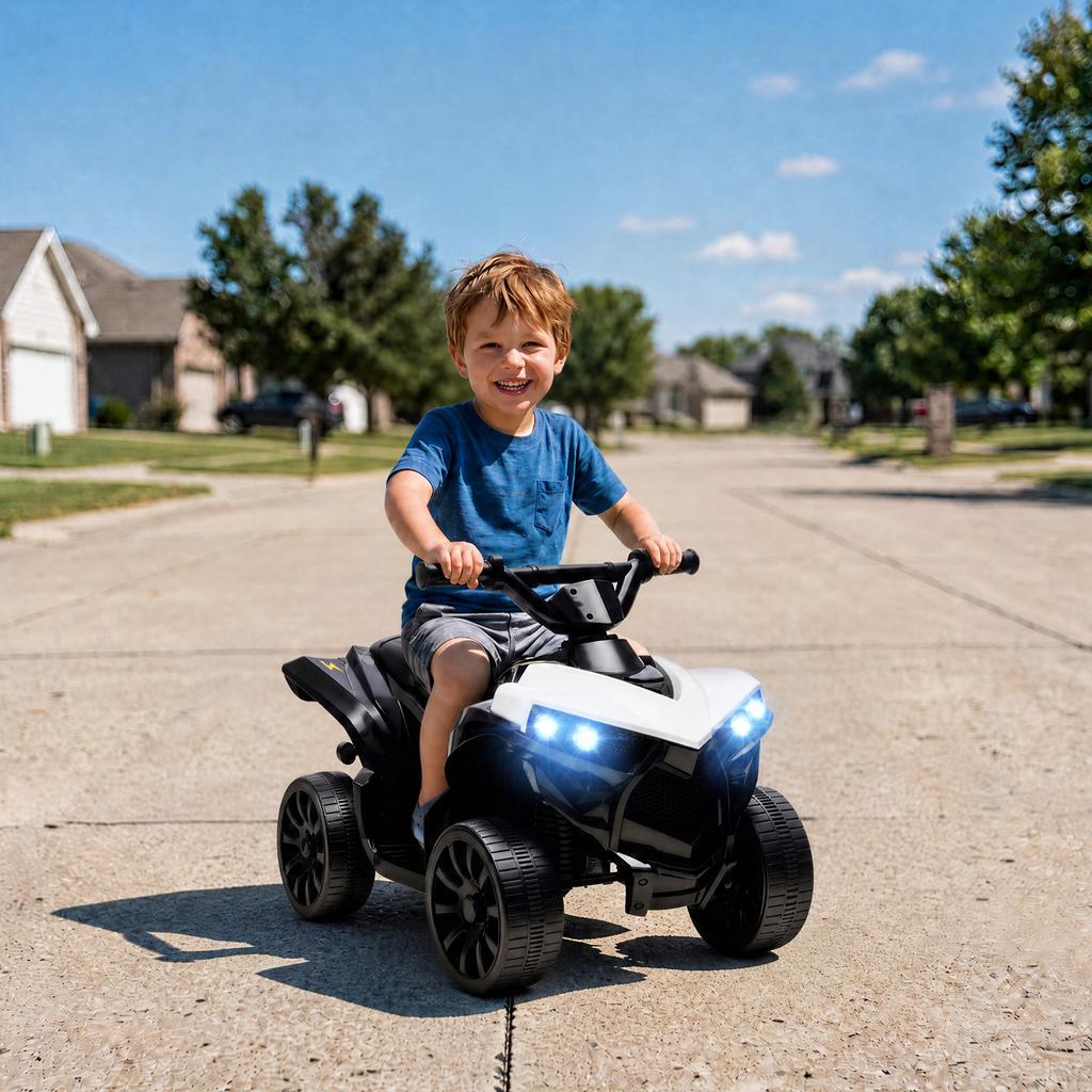 6V Kids ATV, 4 Wheeler Electric Ride on Car with Music and LED Headlights, for Ages 18-56 Months Boys and Girls, White