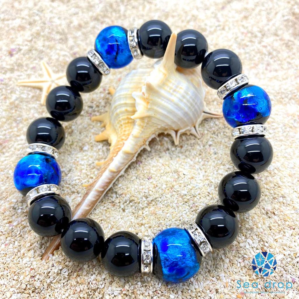 Leuchtendes Glühwürmchen-Glas-Paar-Armband, blauer Onyx 12 mm, rosa Kristall 8 mm, leuchtende Libellenkugel [Meerestropfen] [091bt]