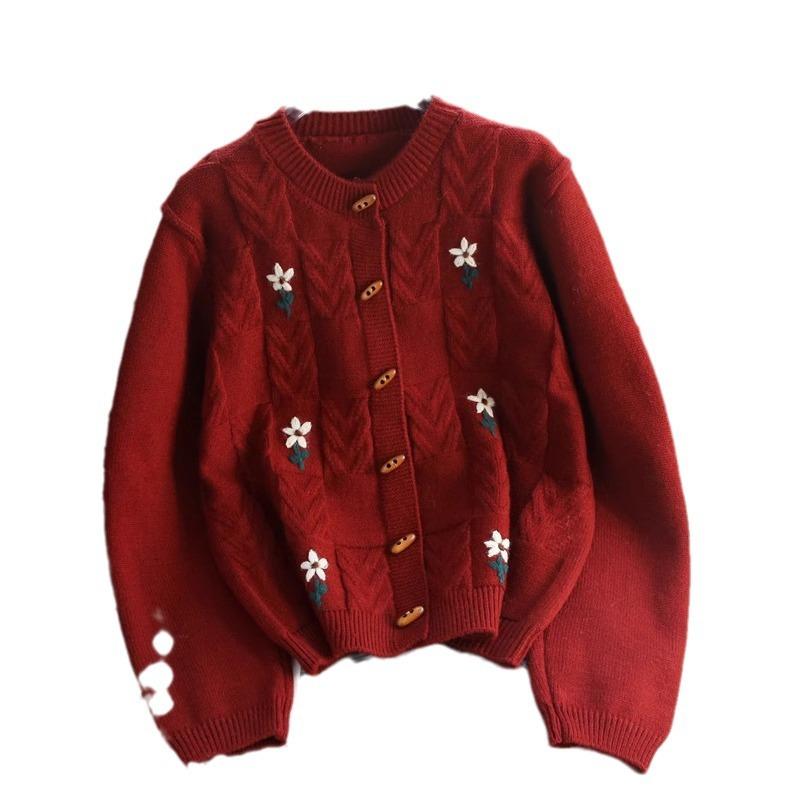 Vintage Heavy Embroidery Cable Knit Sweater Coat Women Autumn Loose Thick Lazy Style Cardigan