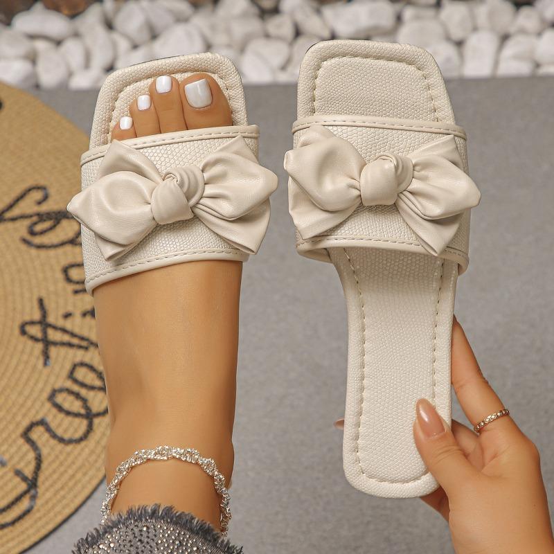 Foreign Trade Large Size Bow Flat Slipper Women Wear European and American Square Toe Comfortable Beach Shoes in Summer