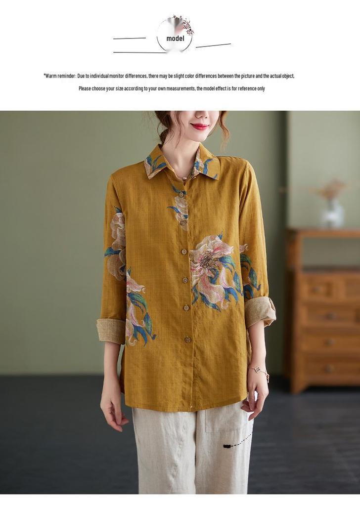 Women's Retro Floral Cotton Linen Shirt - Plus Size, Loose Fit, Long Sleeve, Spring/Autumn
