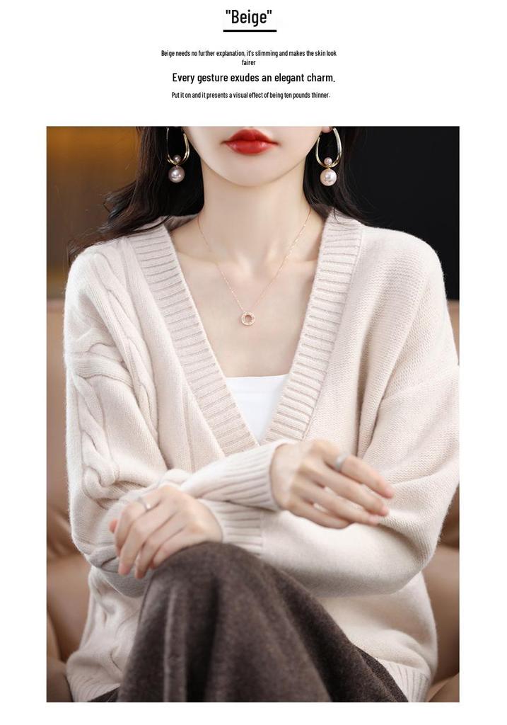 Women's V-Neck Wool Cardigan - 100% Pure Wool, Loose Fit, Long Sleeve, Versatile Cashmere Knitwear for Autumn/Winter.