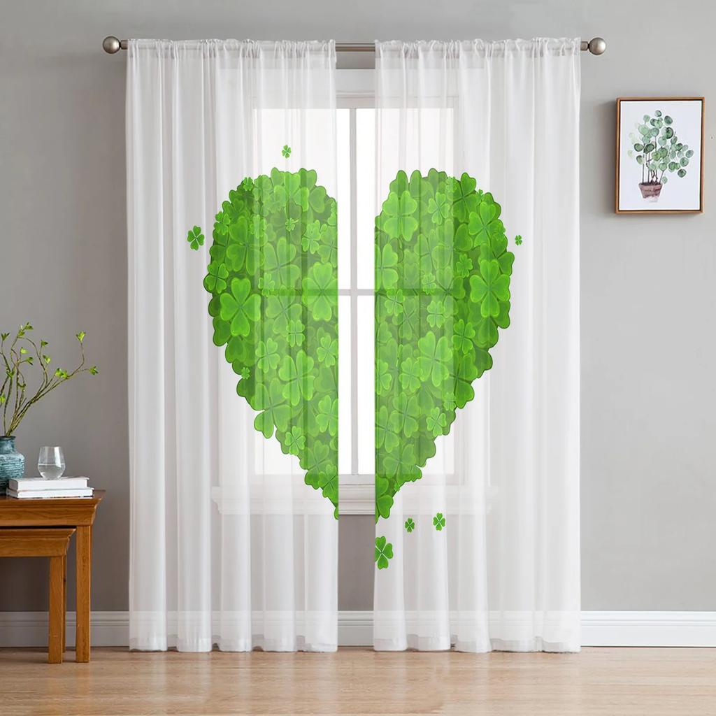 St Patrick Day Curtains Living Room Kitchen Clover Leaves Tulle Luck Wealth Irish Design Chiffon Curtain Light Filtering Polyester Area Window