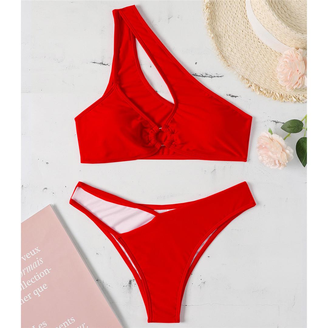 

Асимметричный бикини с высоким вырезом, женский купальник, женские купальники, комплект бикини из двух предметов, мягкий купальный костюм, купальный костюм для женщин M красный
