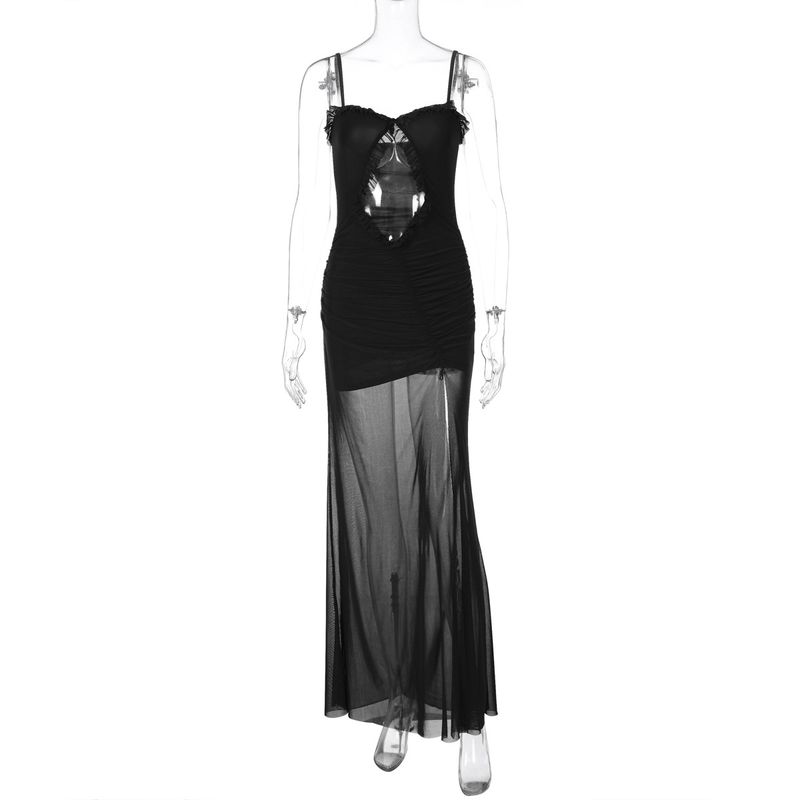 

Fashion Style Ins New Arrival Fashion Mesh Stitching Lace Long Dress Sexy Open Back Cutout Sling Dress Women Black L