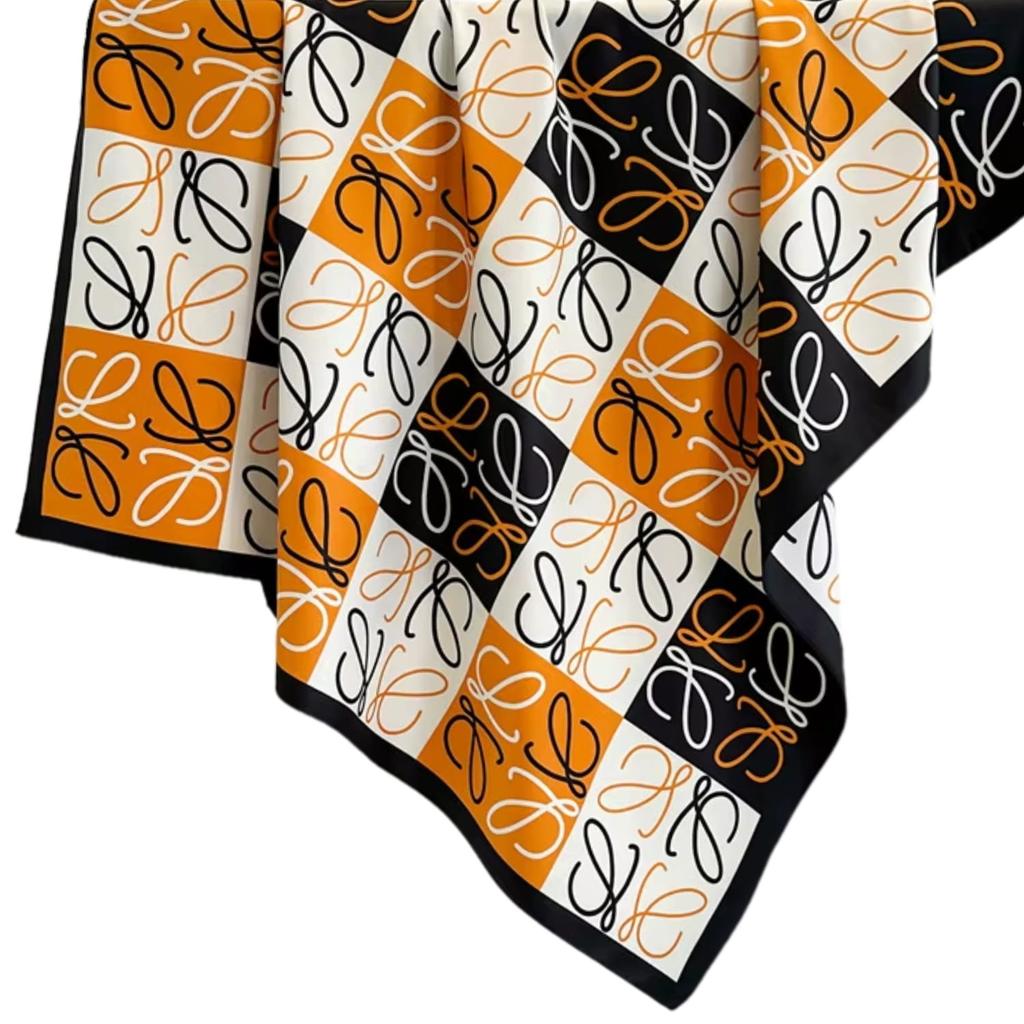Women' Scarf 90X90 with Letter Pattern - Amber and Black Check with Monogram