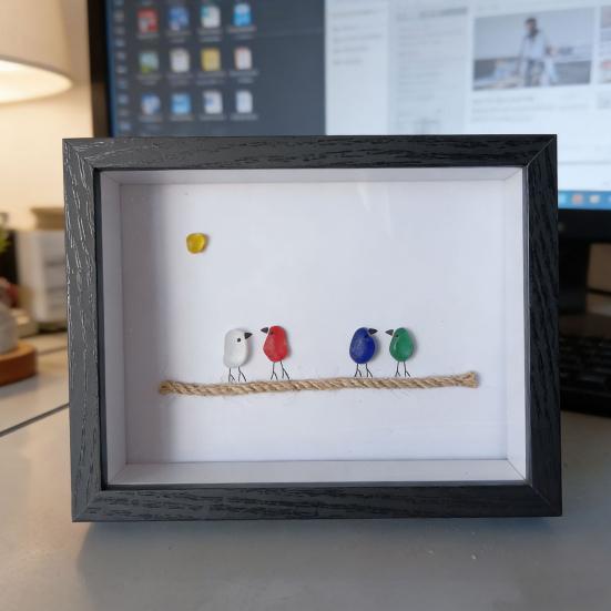 Sea Glass Photo Frame Home Decor 7.6 Inch Handmade Sea Glass Birds Artwork Wooden Frame Unique Sea Glass Art Decoration Housewarming Gift for Friend