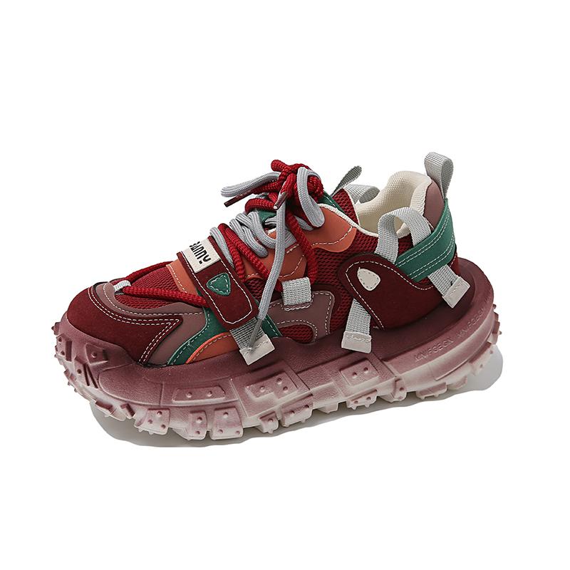 

2024 Женская спортивная обувь с цветными блоками, дизайнерские кроссовки для бега, модная повседневная обувь, увеличивающая рост 40 вино красного