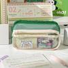Cream Pencil Bag Pen Case Hitting Color Blocked Staged Type Transparent Front Pocket Storage Pouch for Stationery