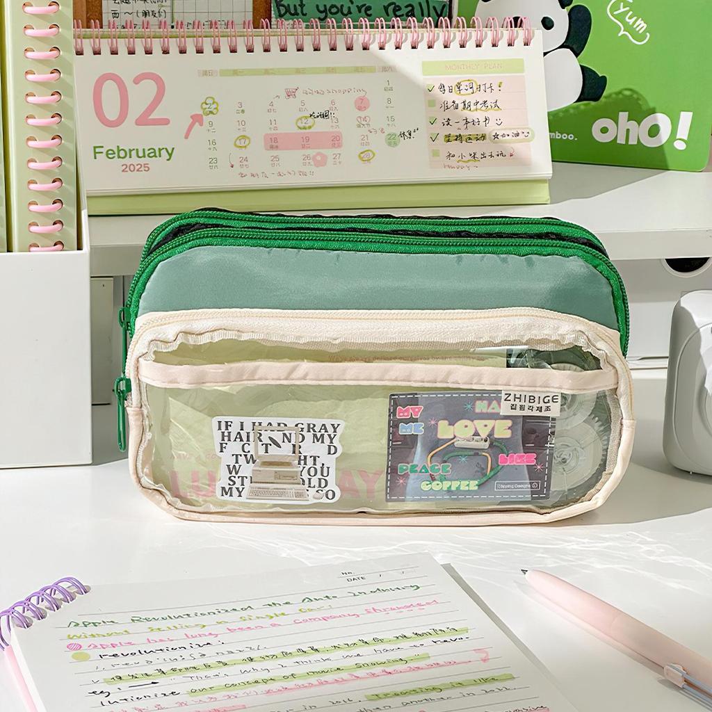 Cream Pencil Bag Pen Case Hitting Color Blocked Staged Type Transparent Front Pocket Storage Pouch for Stationery
