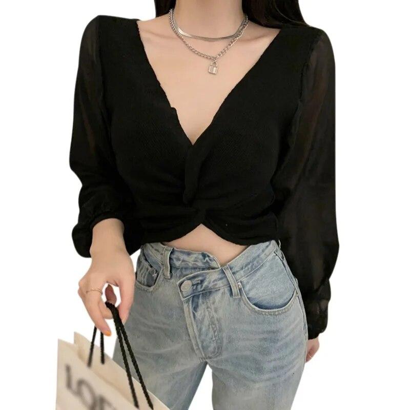 

Дизайнерский вязаный шифоновый топ с V-образным вырезом и перекрестным узлом с открытым пупком One Size