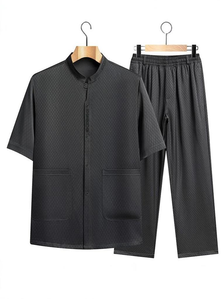 Men's Summer Ice Silk Chinese Two-Piece Set: Loose Short-Sleeve Shirt Suit for Middle-Aged and Elderly