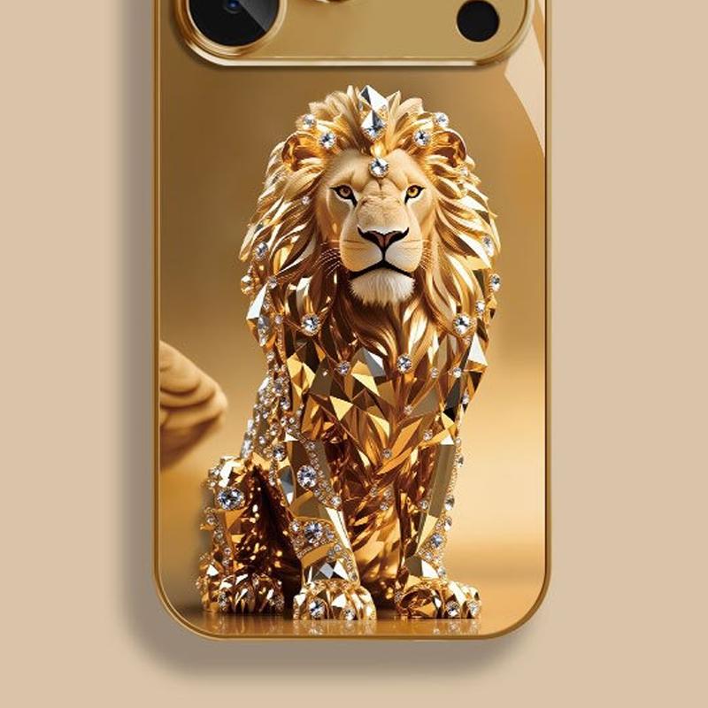 Funda de Cristal para Teléfono con Patrón de León Dorado Pintura Metálica Dorada para iPhone 17 11 12 13 14 15 16 Pro Max 15 Plus 17Air 16E Cubierta