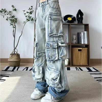 Spring Autumn Women Cargo Jeans Fashion Casual High Waist Denim Pocket Pants Street Wear Plus Size