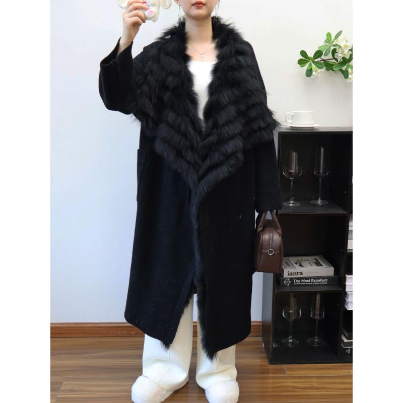 

Длинный кардиган из высококачественного трикотажа выше колена с меховой отделкой и поясом, новинка осени и зимы, женская куртка-свитер с лацканами one size fits all чёрный