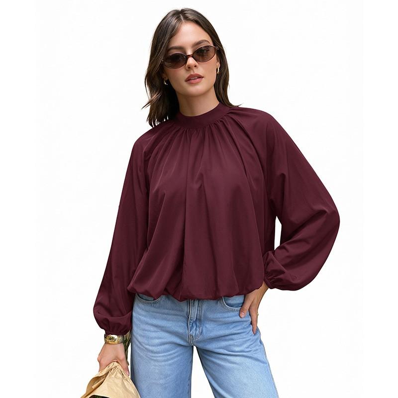 Womens Loose Long Sleeve Blouse With Back Tie Cutout Detail Semi-High Neck Winter 2026