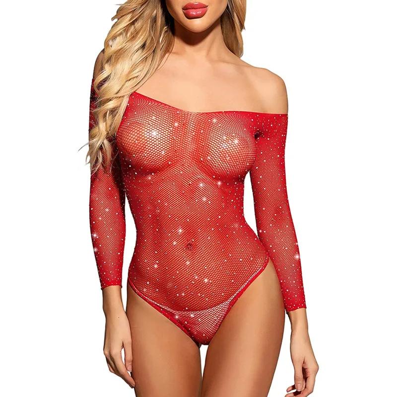Erotic Stockings Rhinestone Fishnet Lingerie for Women Sexy Crystal Transparent Teddy Mesh Bodystockings Baby Doll Sexy Tights