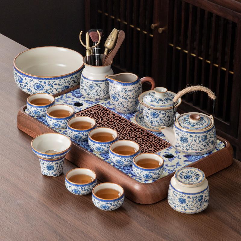 

Новый сине-белый набор для кунг-фу чая печи Жу, бытовой керамический чайник, чайные чашки, чайный столик, полный набор