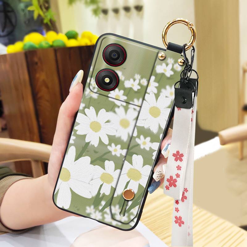 Kickstand Oil Painting Phone Case For ZTE Blade A34 Anti-dust Ring Fashion Design Anti-knock Lanyard Wrist Strap Flower
