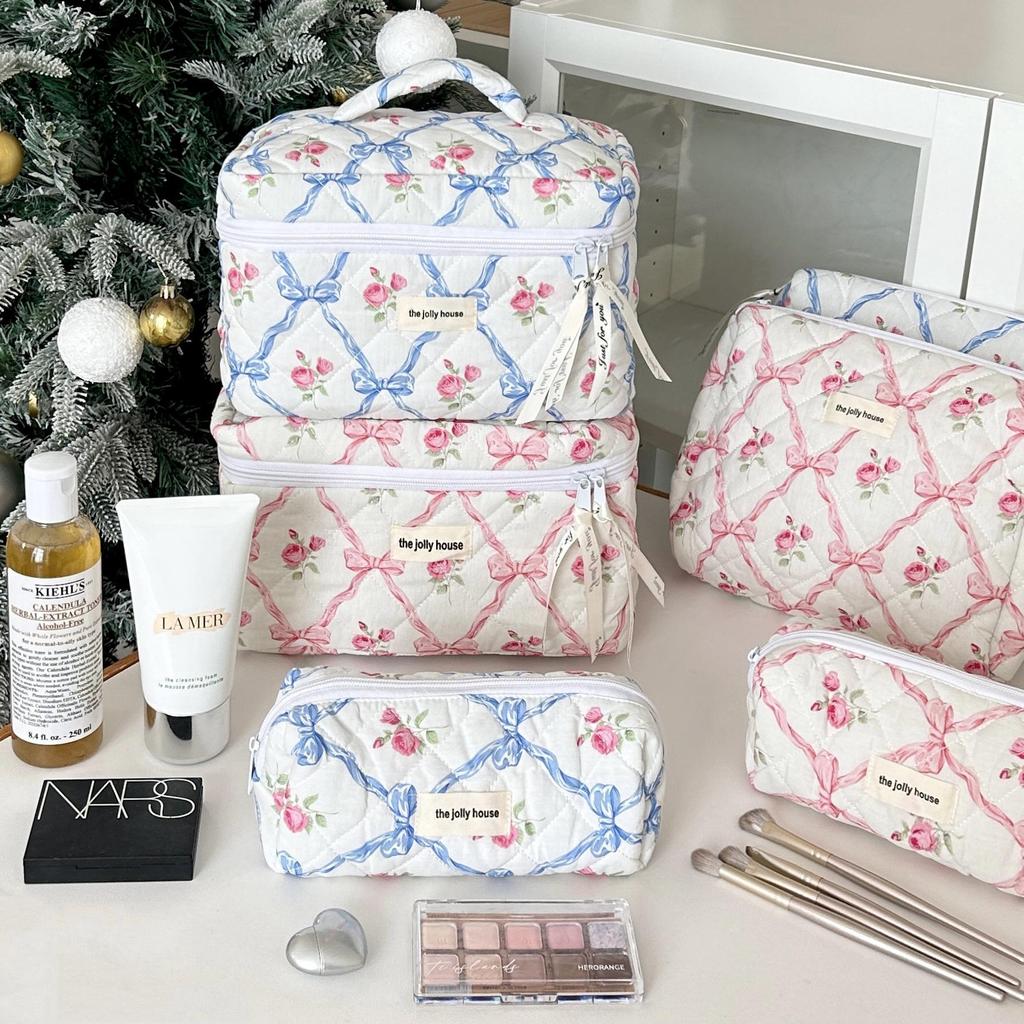 Large Quilted Bow Cosmetic Bag: Women's Portable Toiletry & Skincare Storage for Travel