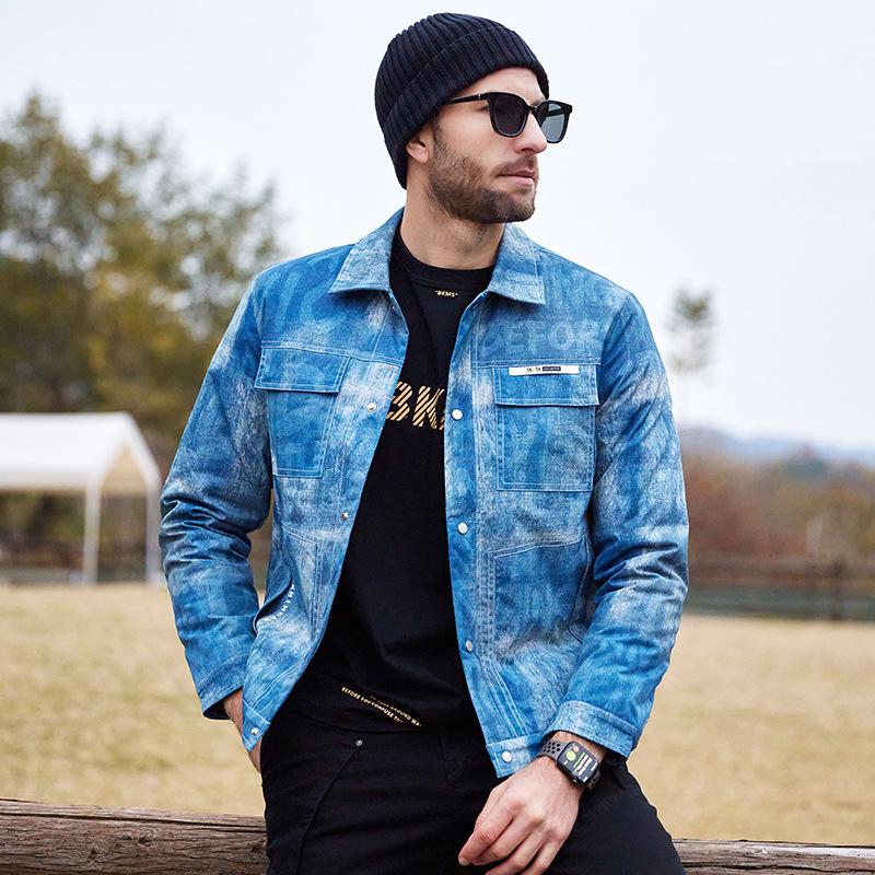 

Down jacket men s winter Korean version of trend denim blue lapel versatile youth fashion casual white duck down jacket for men M