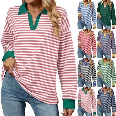 Jesień Zima Bluzy w Paski Moda Klapa Luźne Długi Rękaw Patchwork Kolor Bluza dla Kobiet Pulower