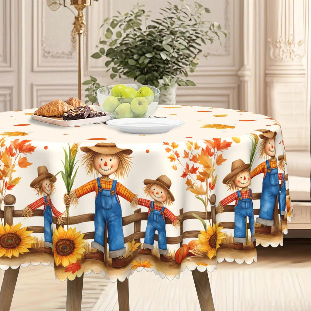 1 Autumn Harvest Scarecrow Tablecloth - Durable Polyester Rectangular Tablecloth With Autumn Leaves And Pumpkin.