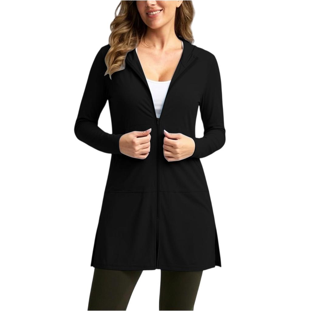 Women Hooded Loose Fit Sun Cardigan Long Sleeve Lightweight Casual Outerwear with Zipper Front Pockets for Daily Wear