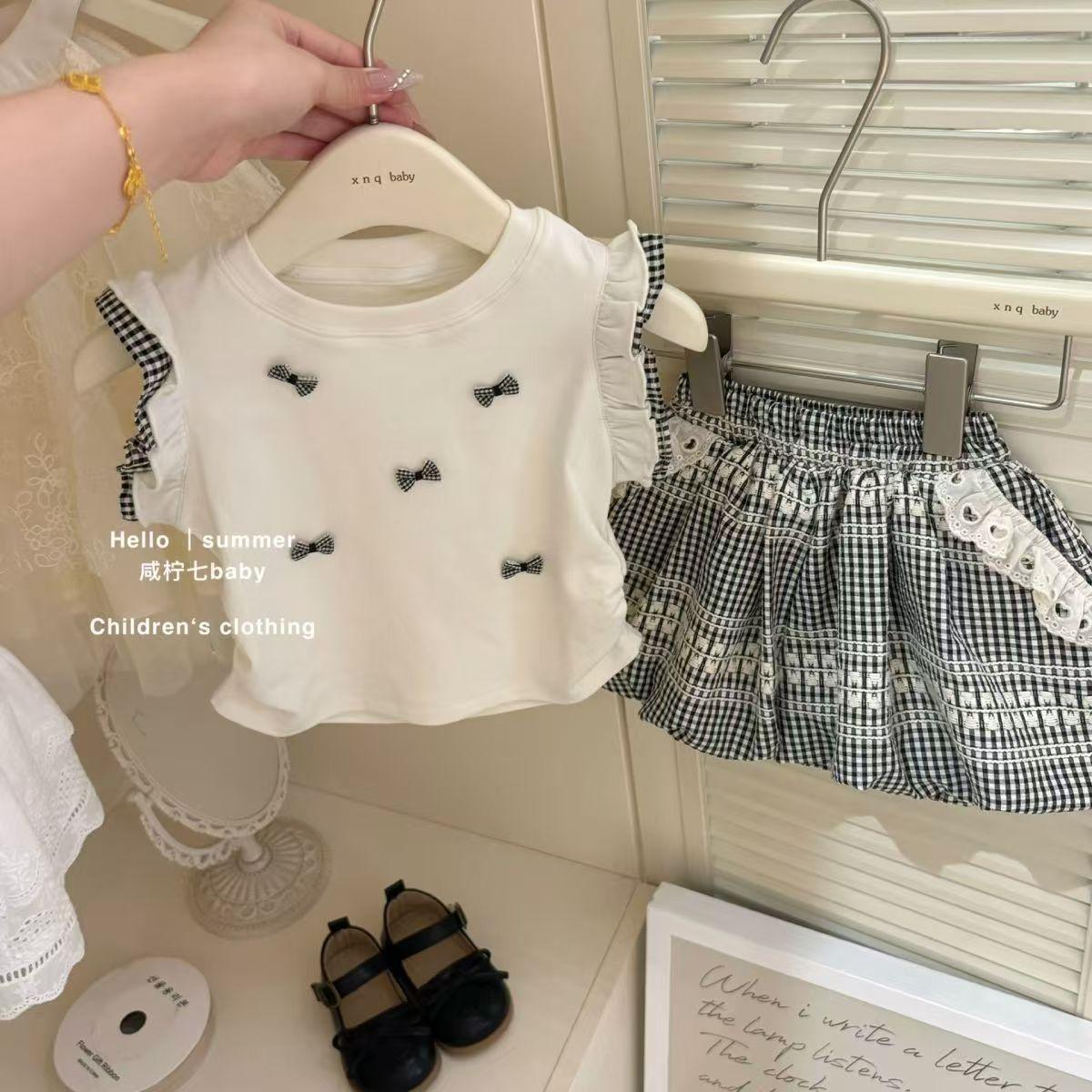 Girls Summer Bow Tank Top And Plaid Shorts Set Fashionable Two Piece Outfit Casual Cute Clothing For Kids 80cm