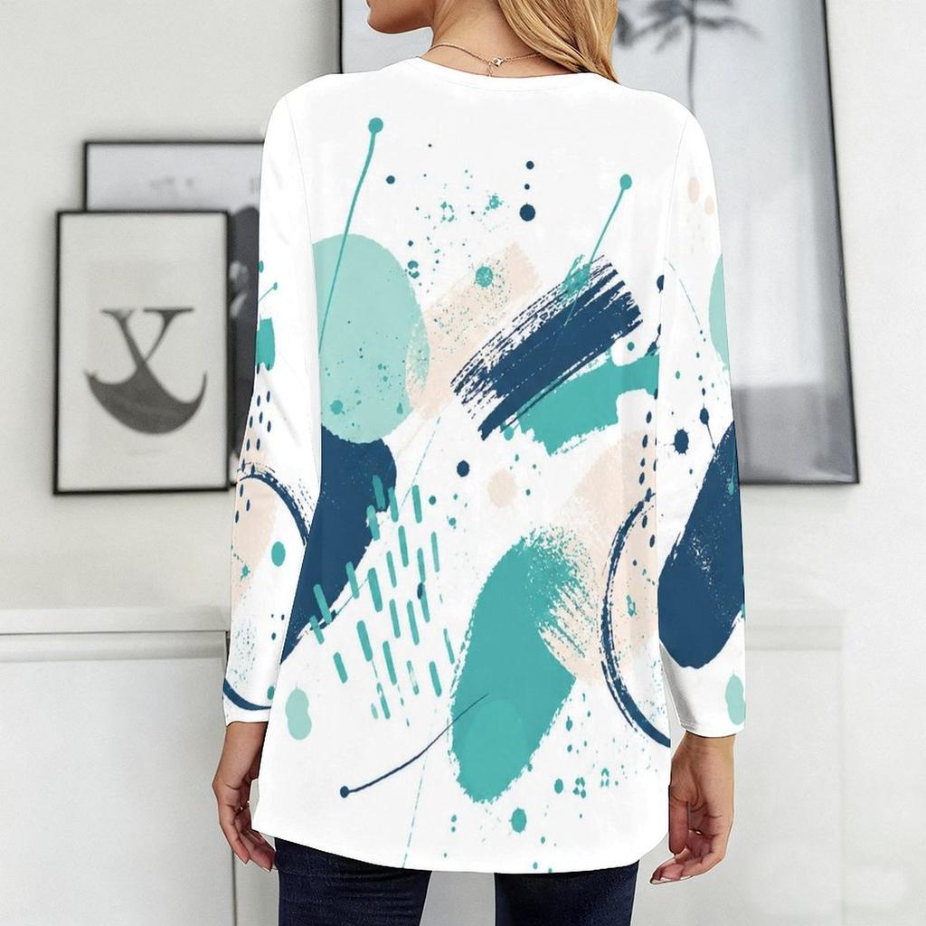 Women Plus Size Round Neck Long Sleeve Blue White Tie Dye Printed Loose Longline T Shirt With Pockets