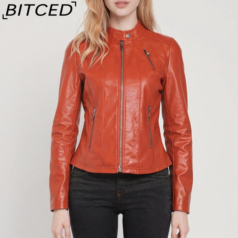 BITCED Autumn Slim-Fit Women's Leather Jacket Slim-Fit Outerwear Leather Clothing for Women