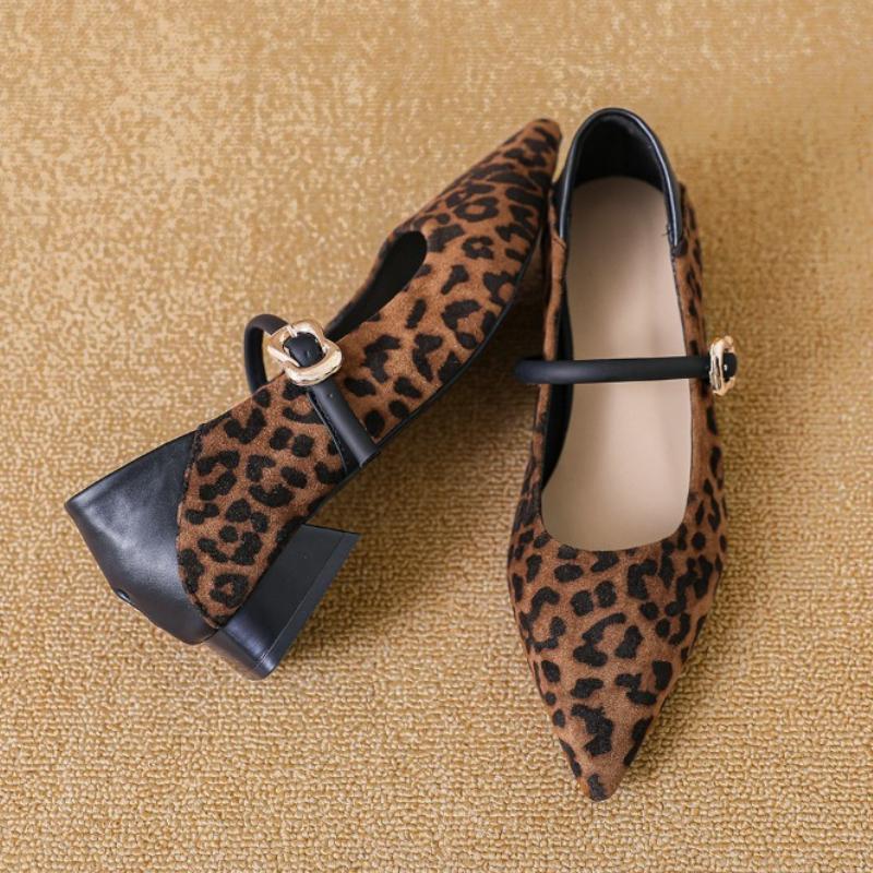 Fashion Leopard Pointed Toe Heeled Women Shoes 2025 New Autumn Shallow Buckle Loafers Classical Elegant Dress Pumps Zapatillas De Mujer