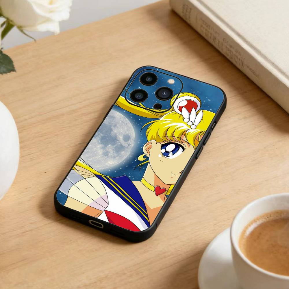 Cartoon F-Sailor M-Moons Phone Case For iPhone 17 16 15 14 13 12 Max Plus Silicone Black Cover