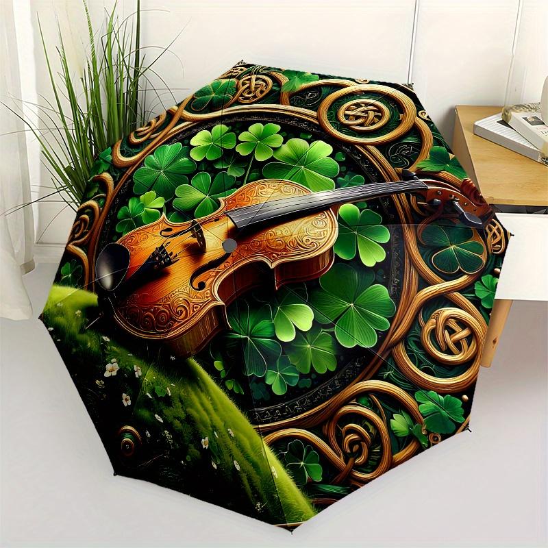 

Irish Clover Violin Wall Art Decor Umbrella, Cute Umbrella with Cute Design, Portable 3-Fold Compact Umbrella for Men & Women, Valentine s Day Mother